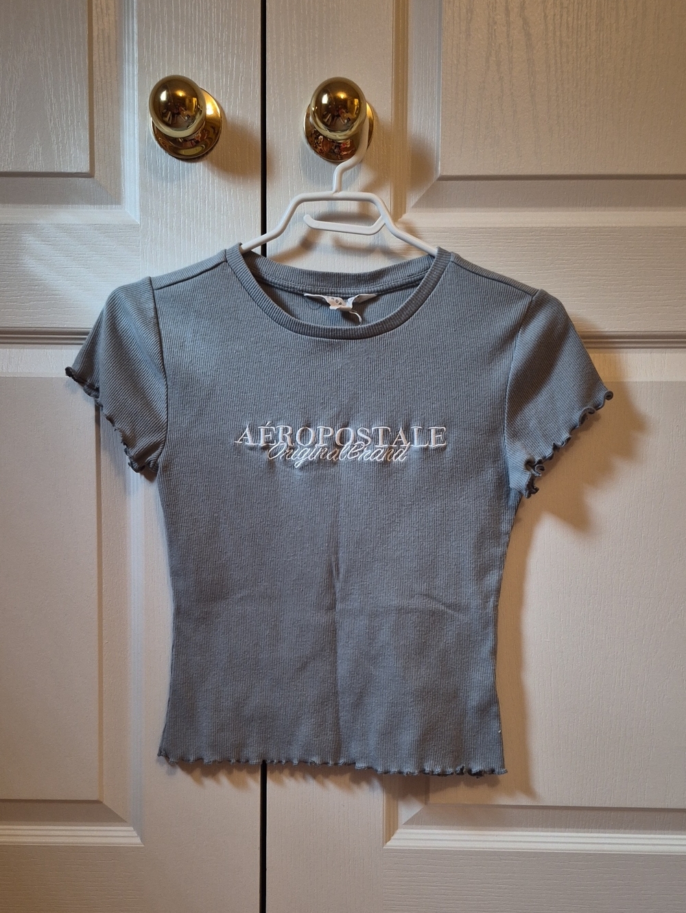 Aeropostale Light Blue Ribbed Logo Crop Tee